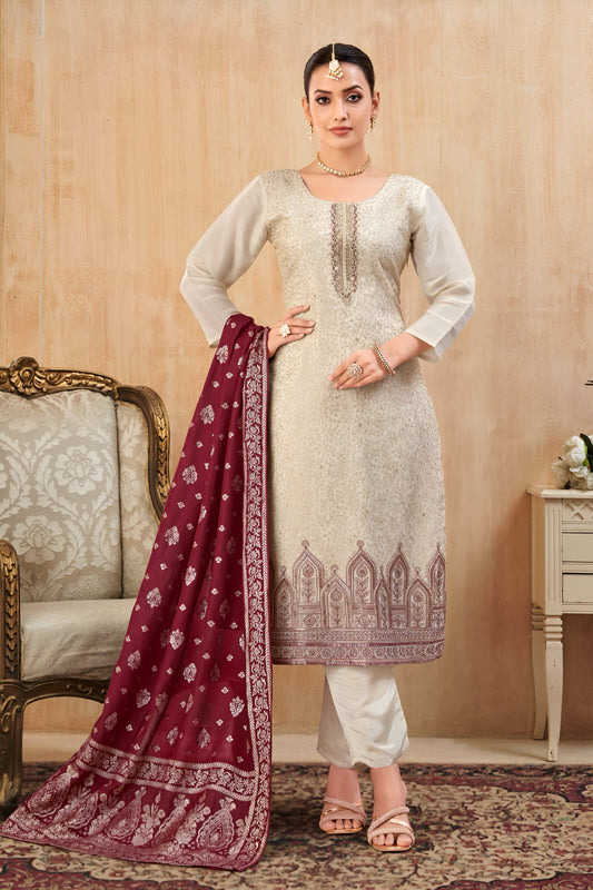 Beige Embroidered Suit with Maroon Dupatta