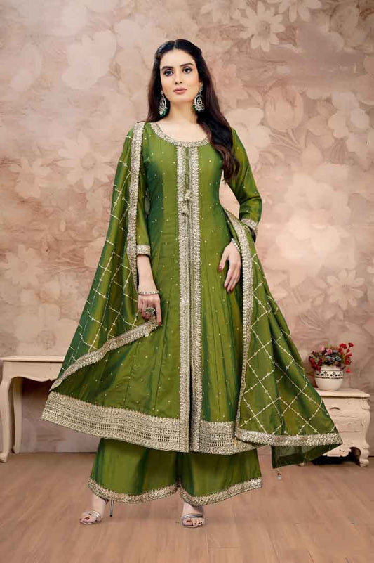 Olive Green Embroidered Long Anarkali Set with Palazzo & Dupatta