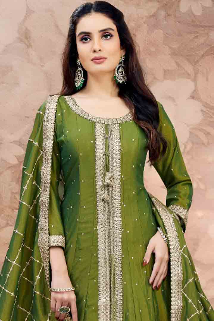 Olive Green Embroidered Long Anarkali Set with Palazzo & Dupatta