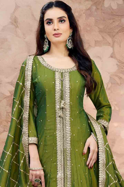 Olive Green Embroidered Long Anarkali Set with Palazzo & Dupatta