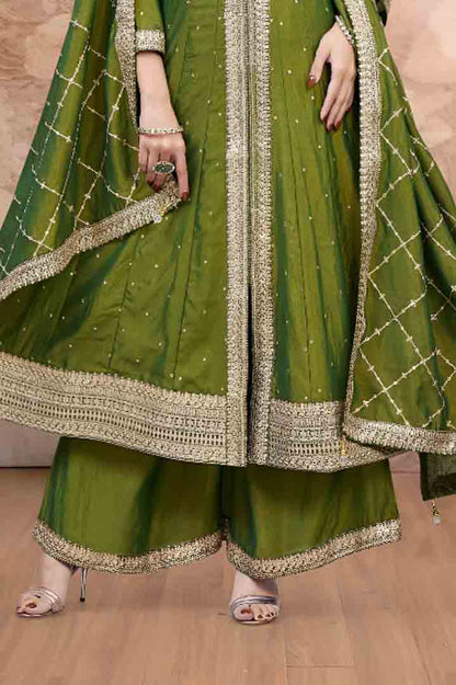 Olive Green Embroidered Long Anarkali Set with Palazzo & Dupatta