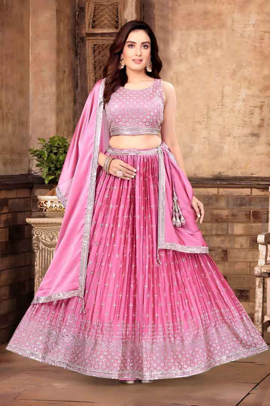 Pink Lehenga Choli with Embroidered Border Dupatta