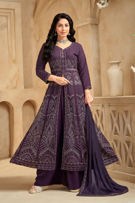 Elegant Purple Embroidered Palazzo Suit