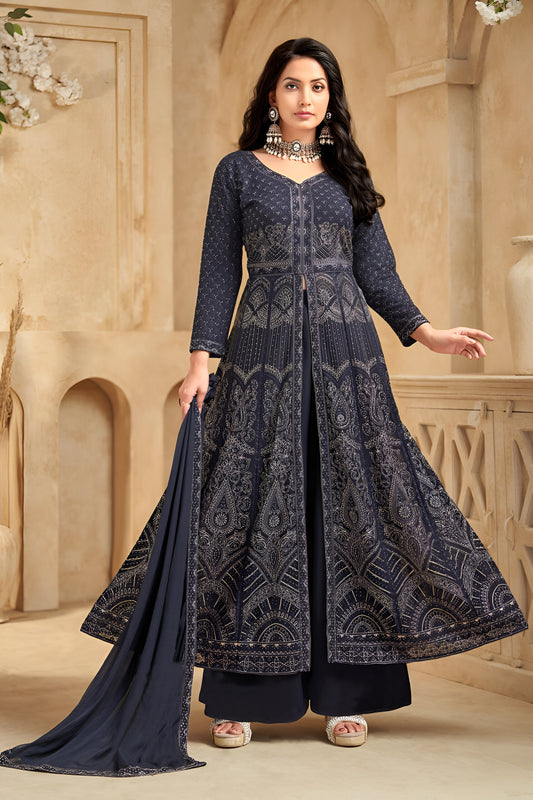Elegant Dark Blue Embroidered Palazzo Suit