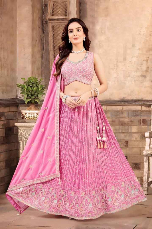 Hot Pink Thread & Mirror Embroidered Lehenga Choli with Dupatta
