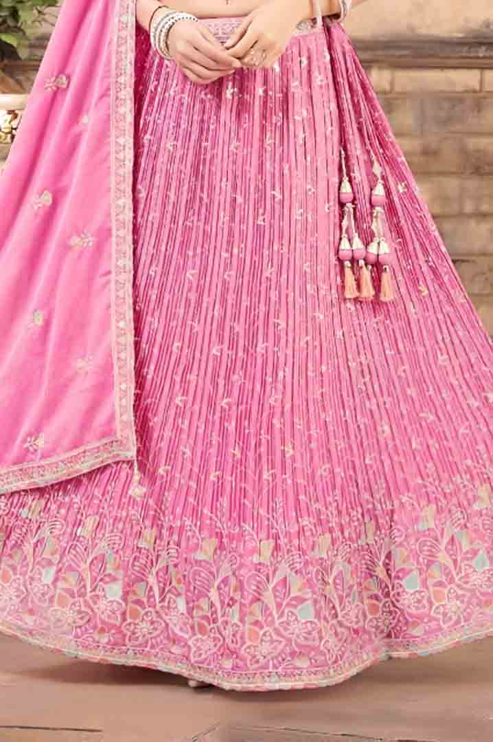 Hot Pink Thread & Mirror Embroidered Lehenga Choli with Dupatta