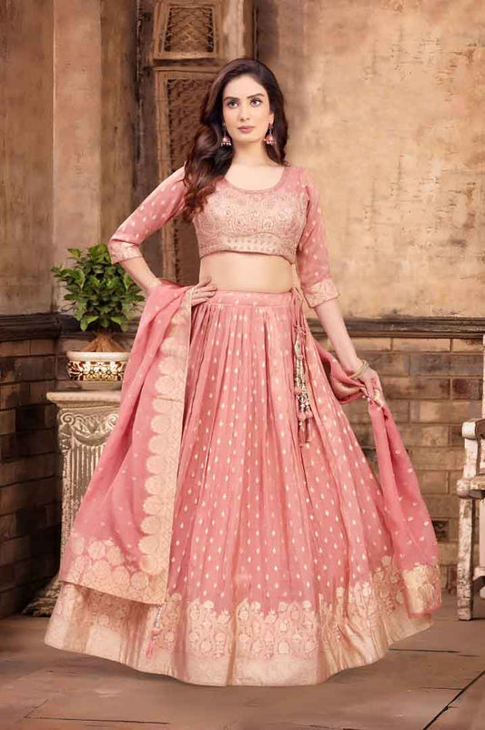 Dusty Pink Embroidered Silk Lehenga Choli with Zari Border Dupatta