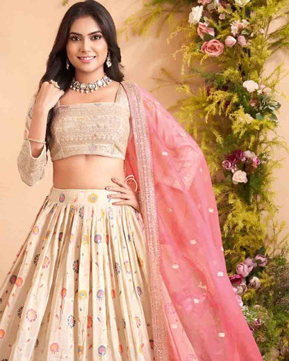 Ivory Multi-Color Embroidered Lehenga Choli with Pink Net Dupatta