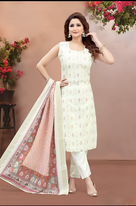 Off-White Printed Suit with Striped Dupatta
