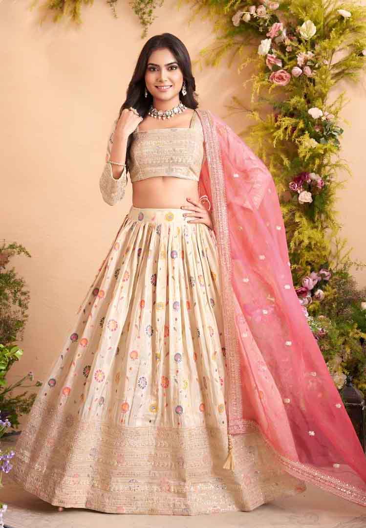 Ivory Multi-Color Embroidered Lehenga Choli with Pink Net Dupatta