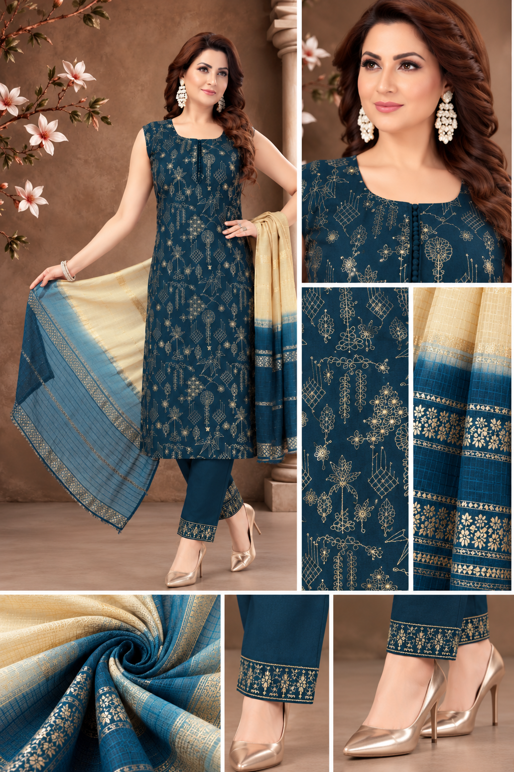 Teal Blue Printed Suit Set