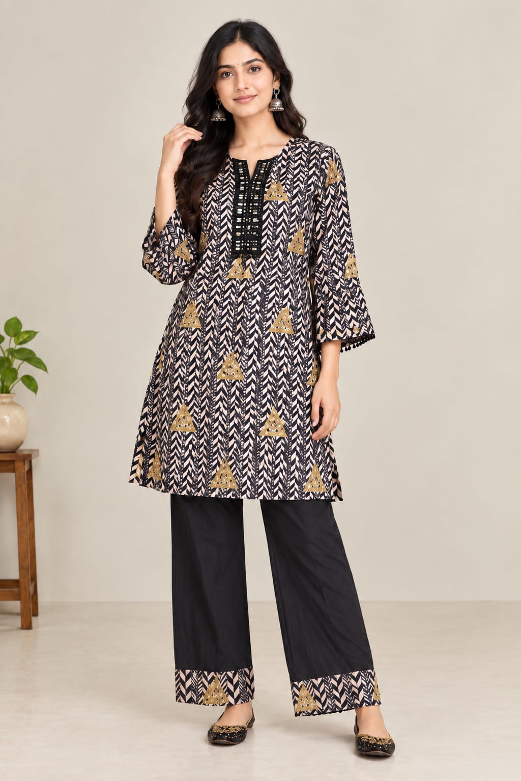 Printed Black & Gold Kurta Co-Ord Set.