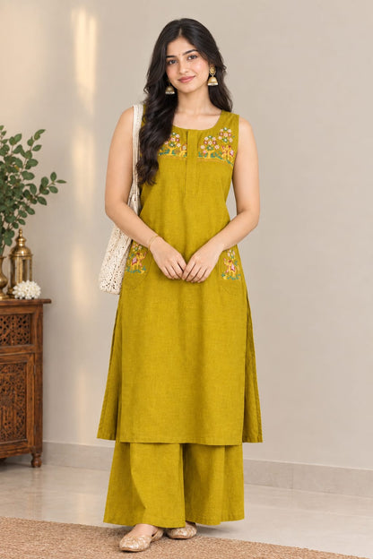 Mustard Embroidered Kurta Co-Ord Set