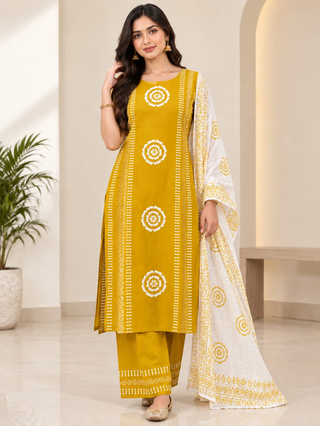 Mustard Printed Kurta Set with Dupatta