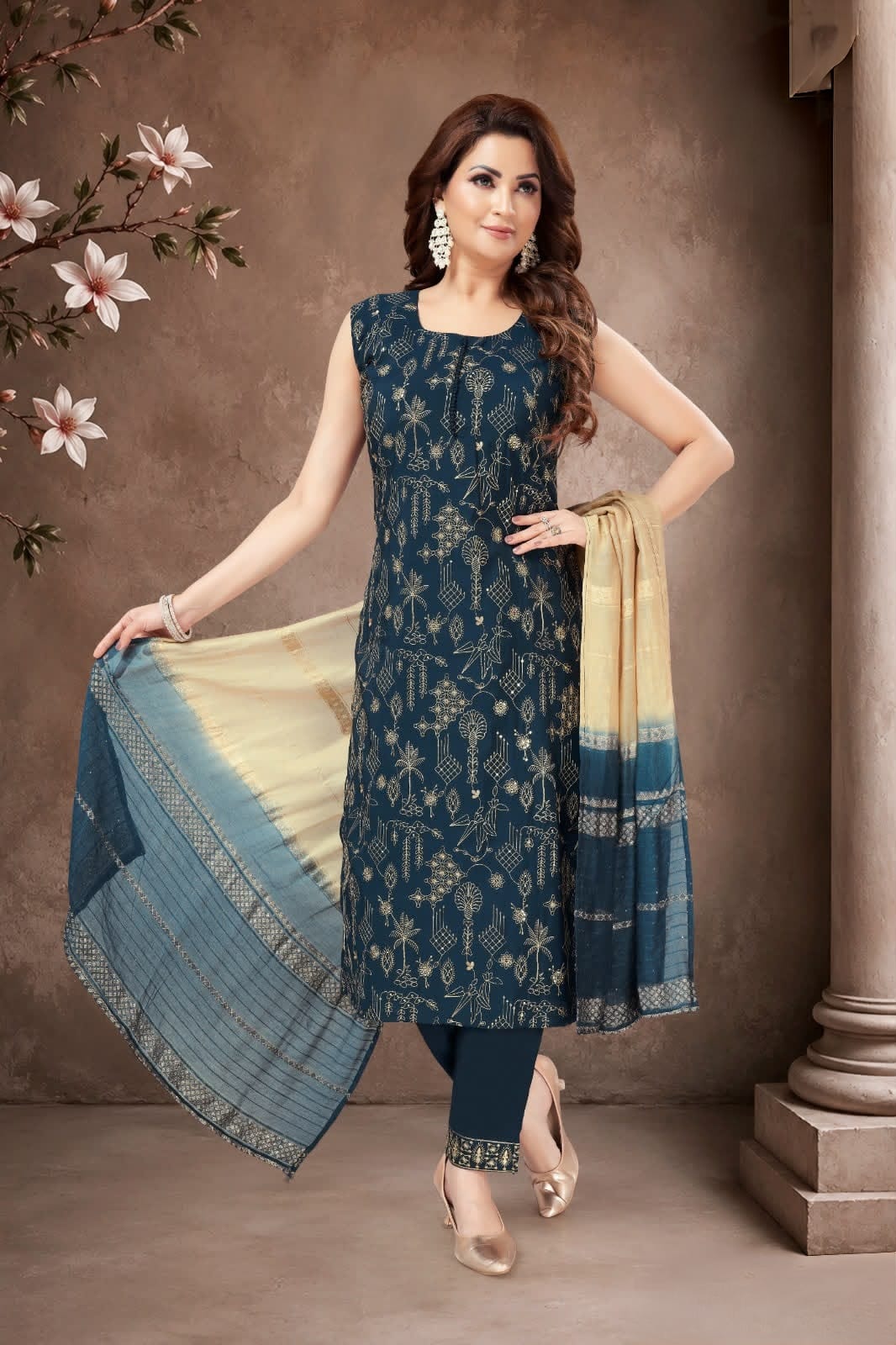 Teal Blue Printed Suit Set