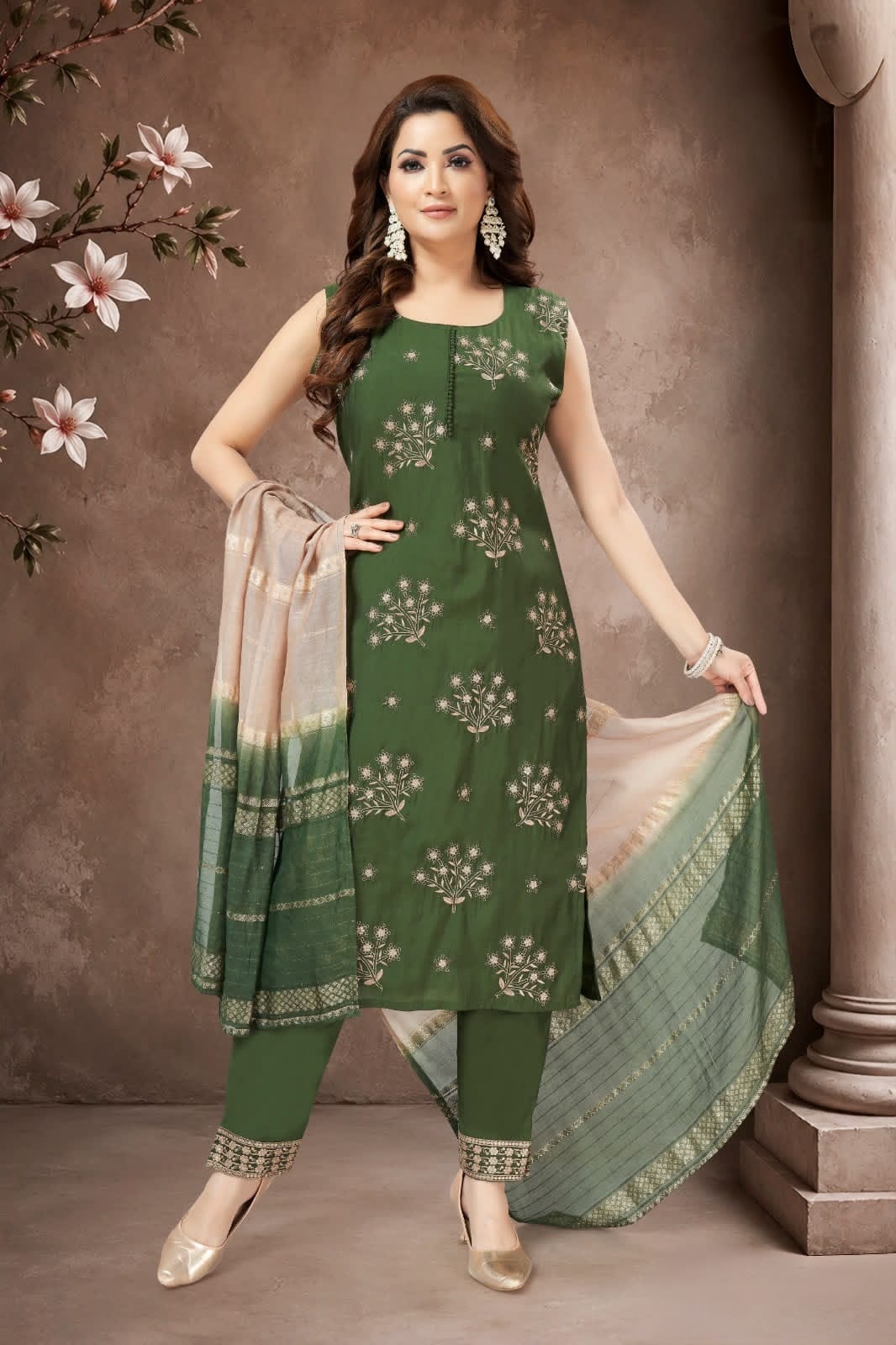 Olive Green Printed Suit Set