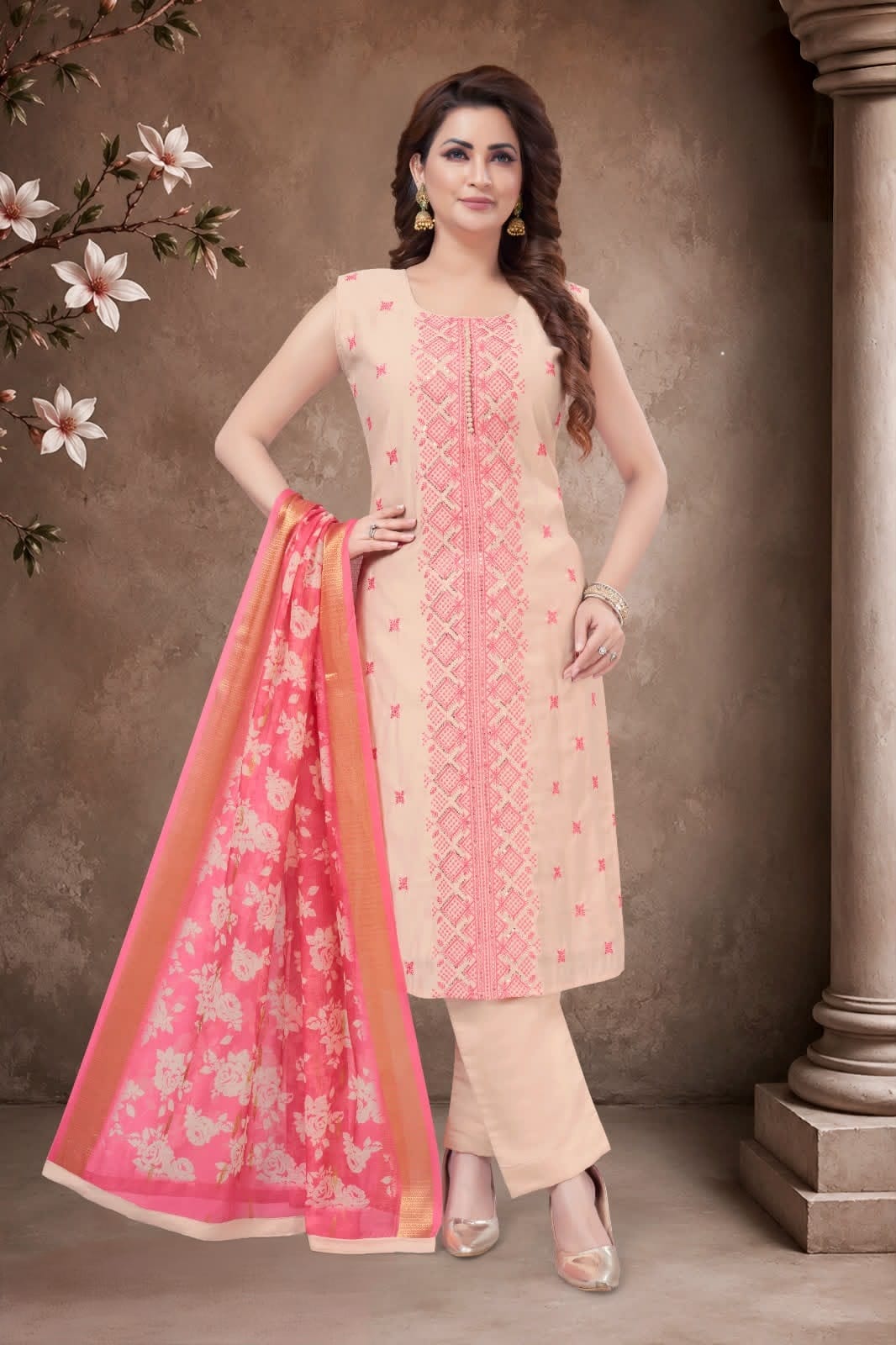 Peach Pink Embroidered Suit Set