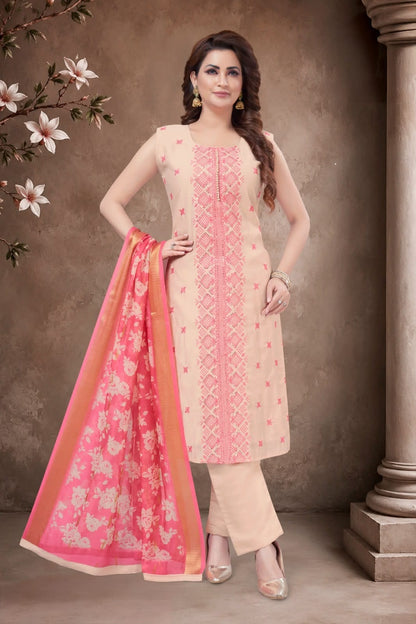 Peach Pink Embroidered Suit Set