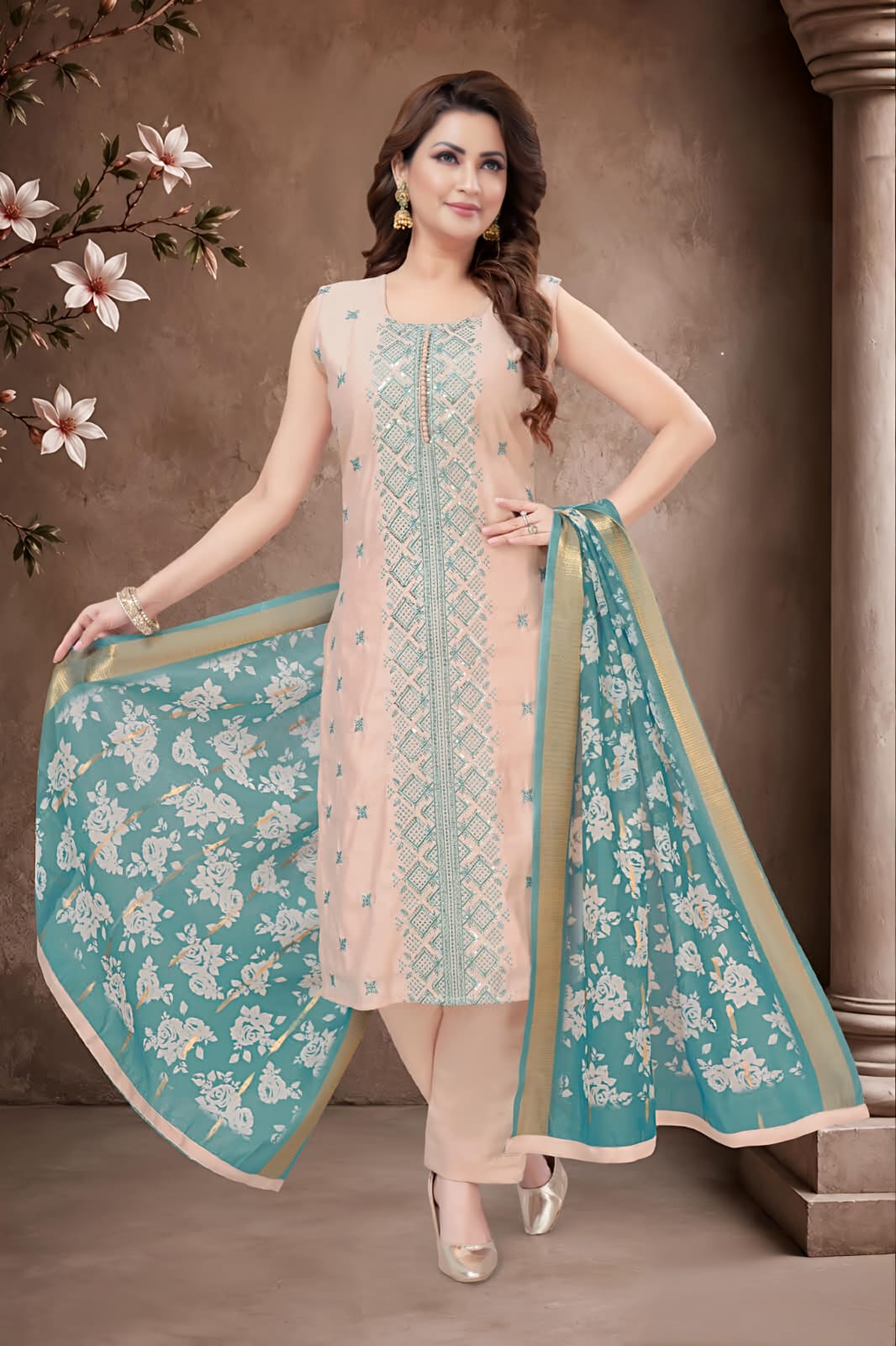 Teal Embroidered Suit Set