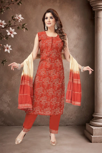 Festive Rust Orange Printed Suit Set