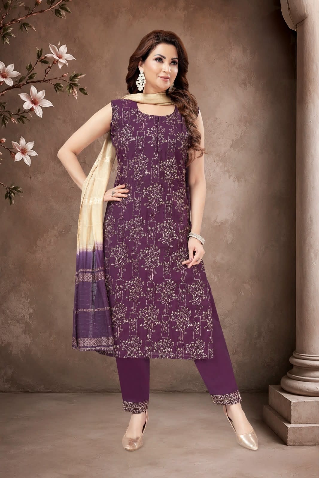 Elegant Plum Floral Printed Suit Set