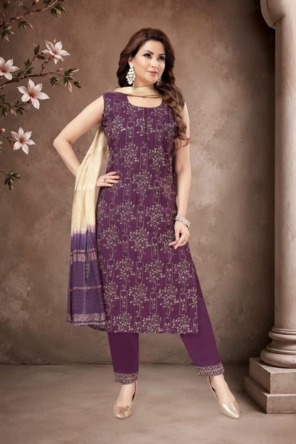 Elegant Plum Floral Printed Suit Set