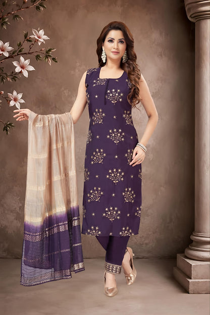 Elegant Purple Printed Suit Set