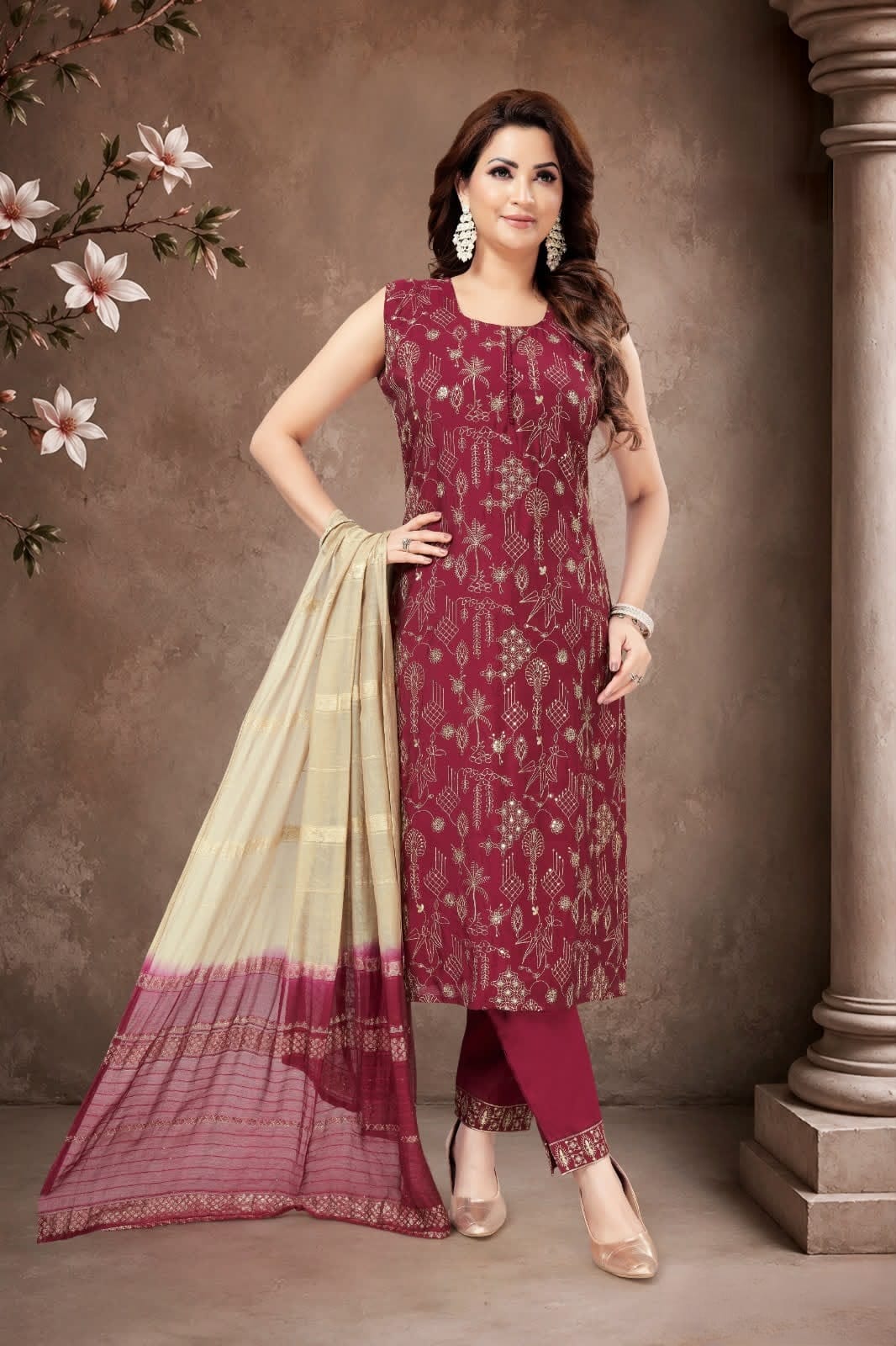 Maroon Printed Suit Set