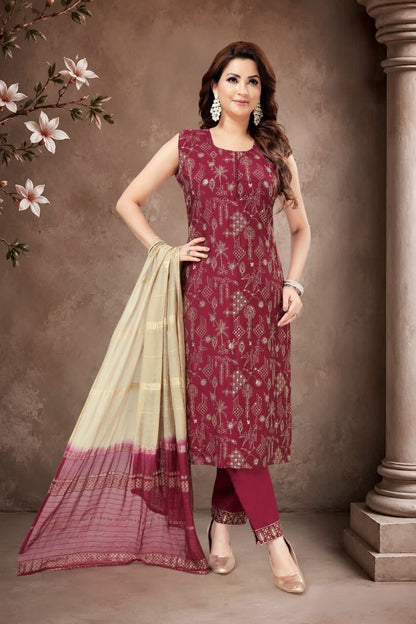Maroon Printed Suit Set