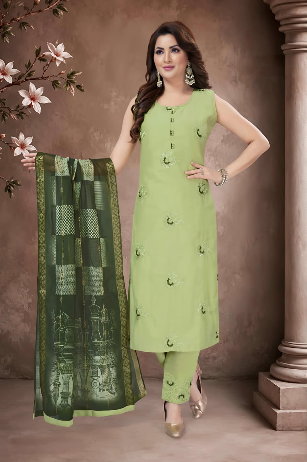 Beautiful Pista Green Embroidered Suit Set