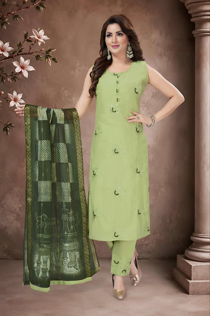 Beautiful Pista Green Embroidered Suit Set