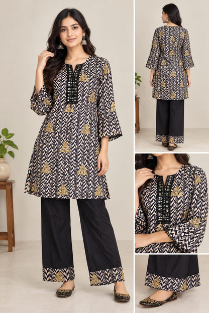 Printed Black & Gold Kurta Co-Ord Set.