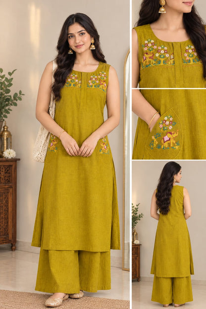 Mustard Embroidered Kurta Co-Ord Set