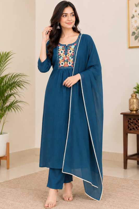 Elegant Teal Blue Embroidered Anarkali Suit Set