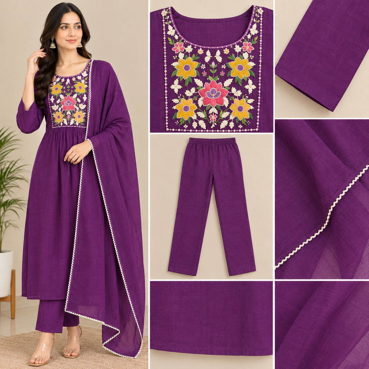 Charming Purple Floral Embroidered Suit Set