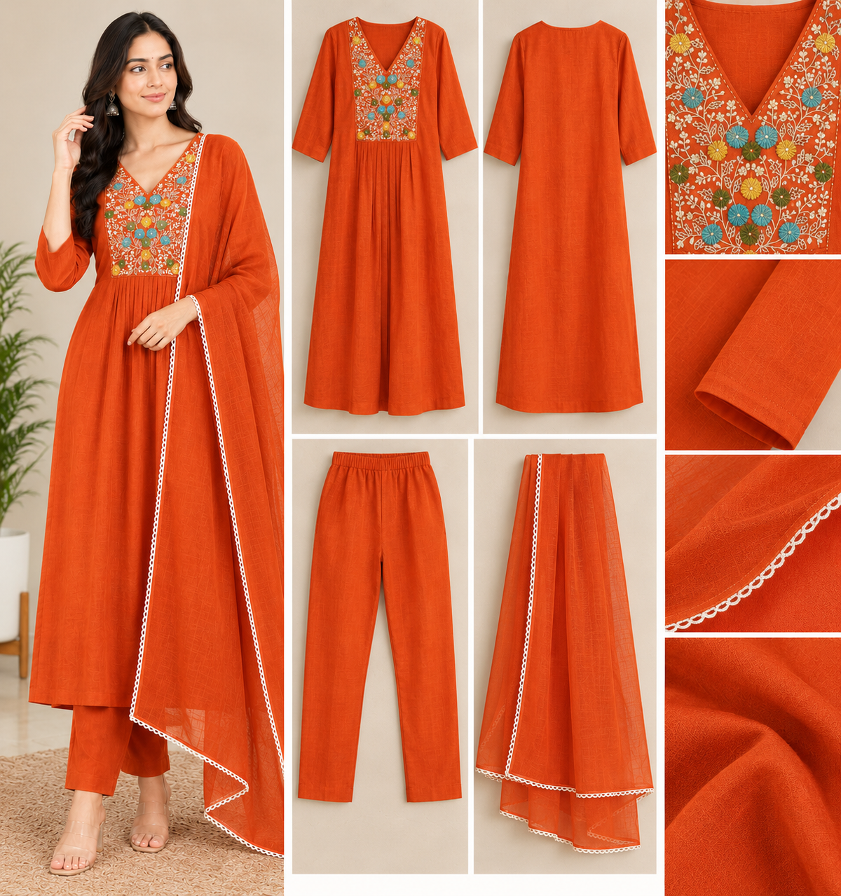 Vibrant Orange Floral Embroidered Suit Set