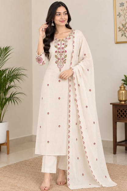 Graceful Beige Floral Embroidered Suit Set