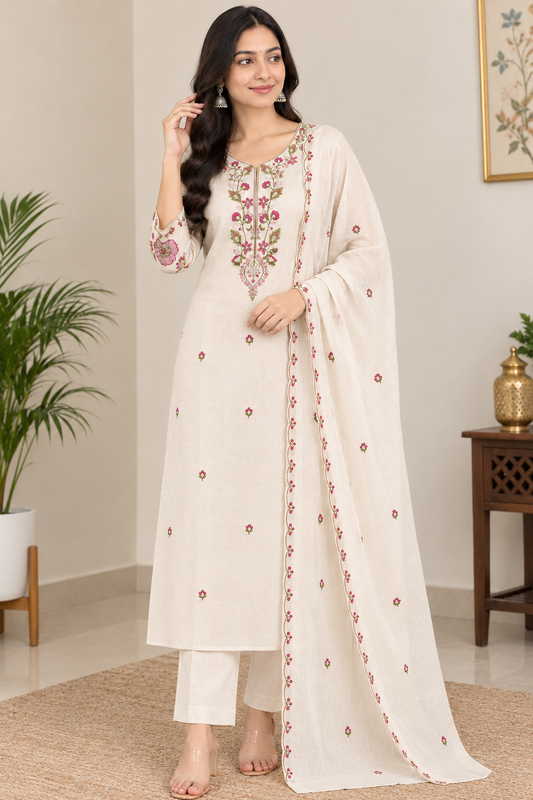 Graceful Beige Floral Embroidered Suit Set