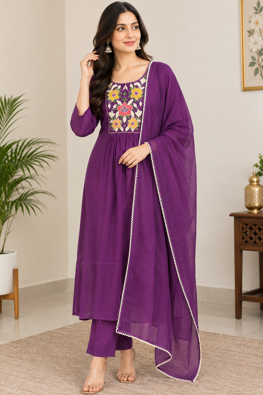 Charming Purple Floral Embroidered Suit Set