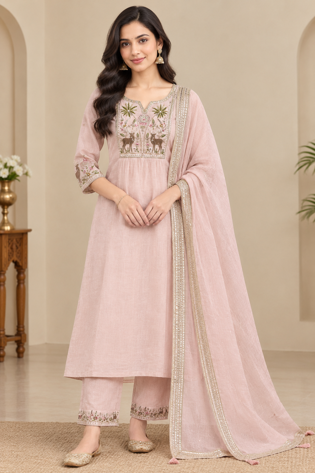 Elegant Peach pink embroidered Anarkali suit set