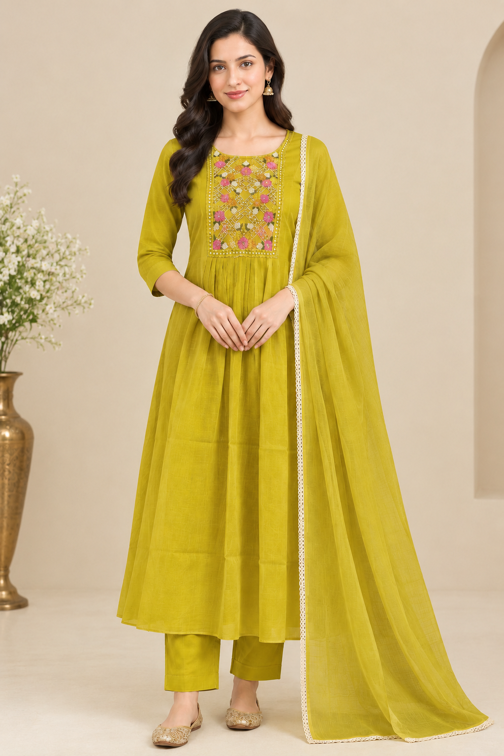 Elegant yellow Embroidered Anarkali Suit Set