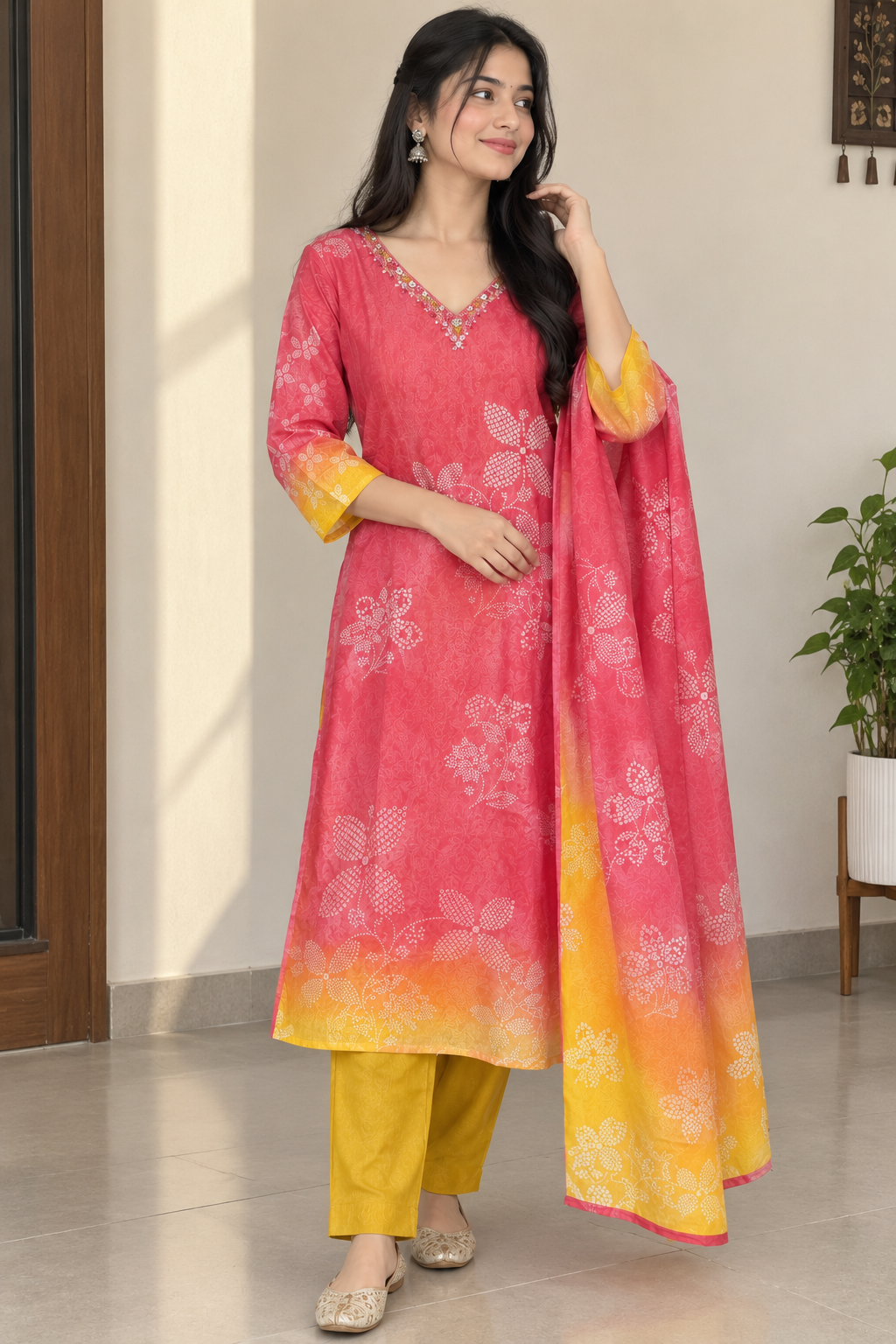 Beautiful Pink & Yellow Printed Suit Set