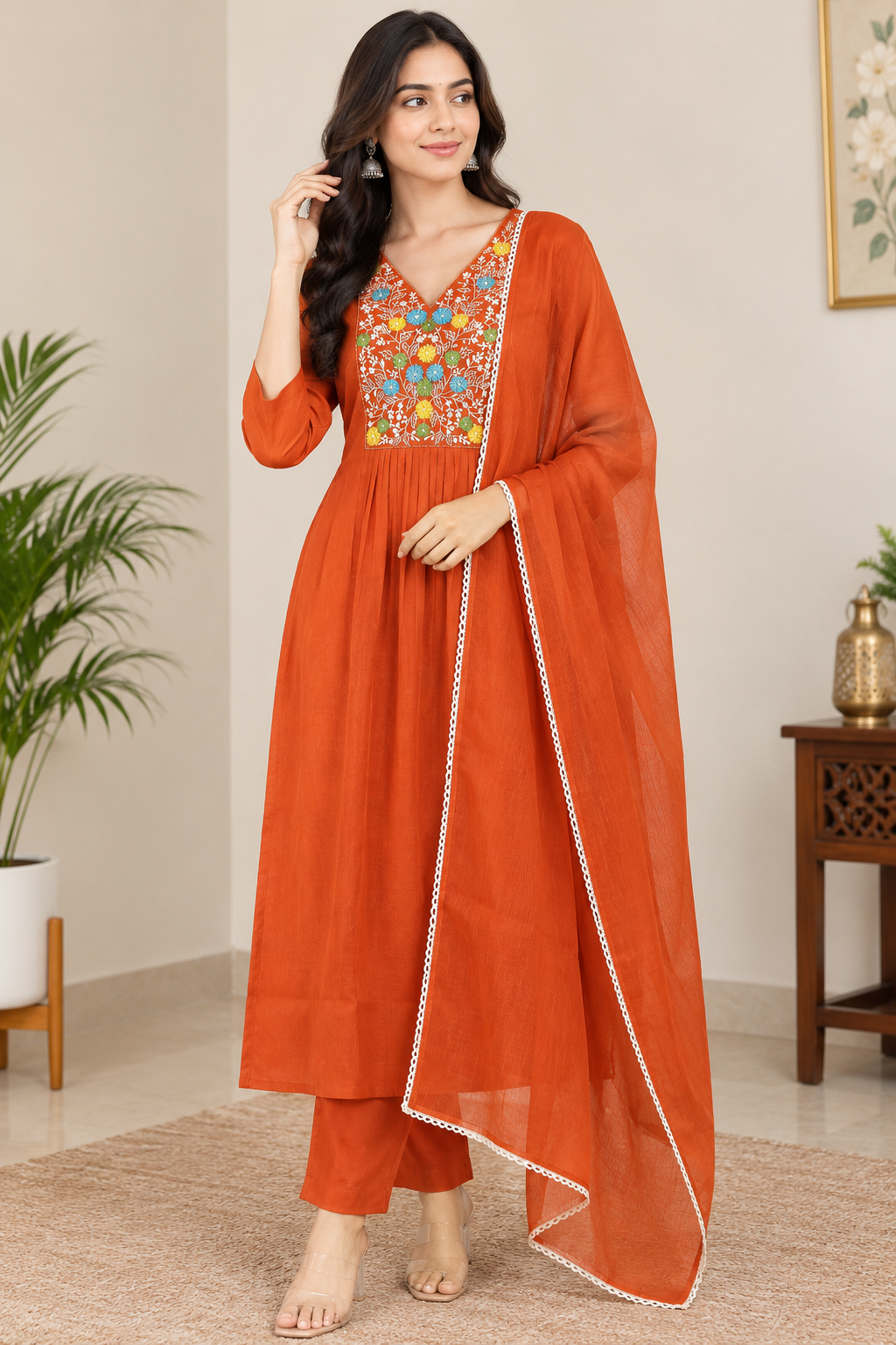 Vibrant Orange Floral Embroidered Suit Set
