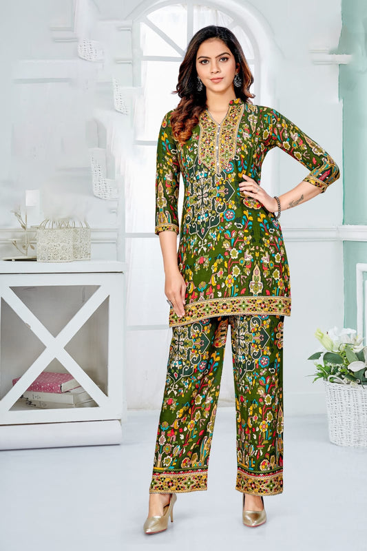 Olive Green Printed Rayon Co-ord Set