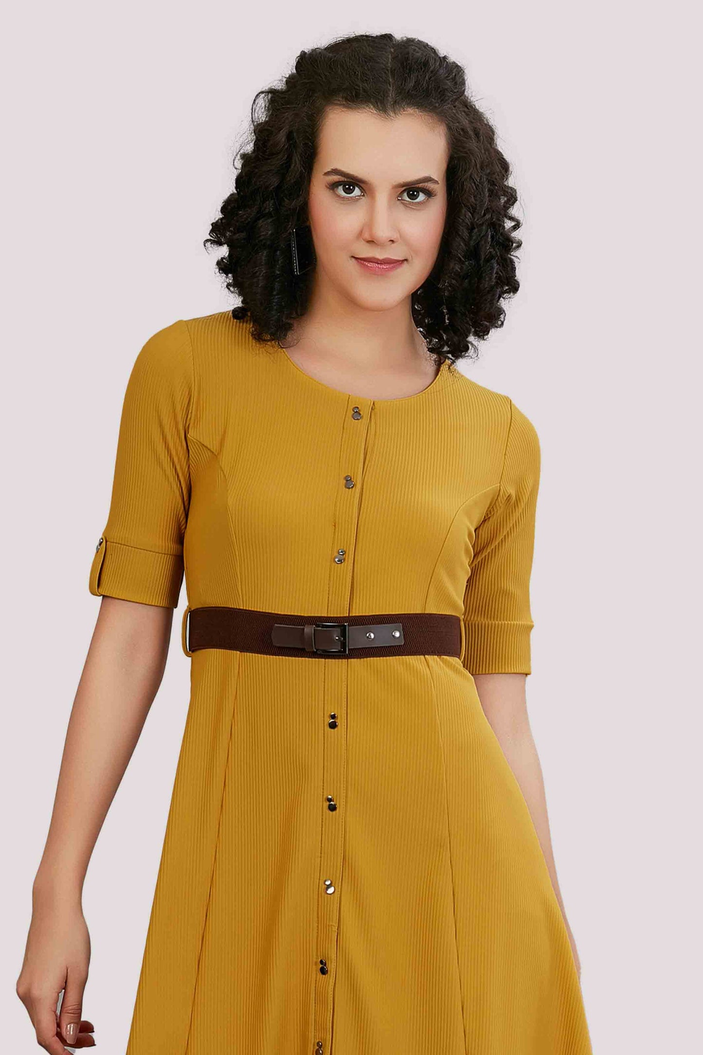 Mustard Yellow Solid Fit & Flare Midi Dress with Belt
