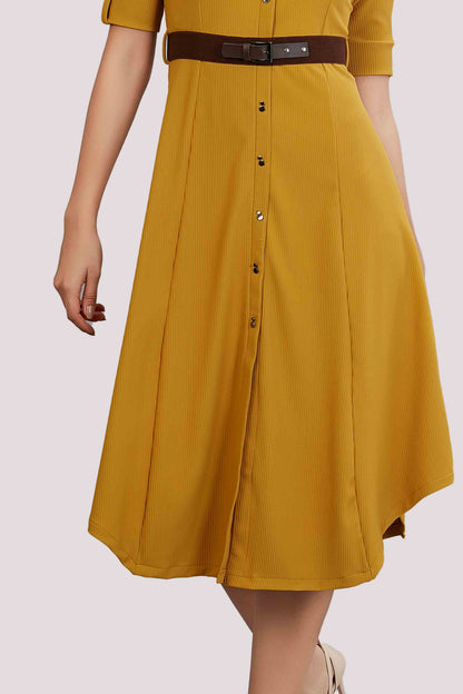 Mustard Yellow Solid Fit & Flare Midi Dress with Belt